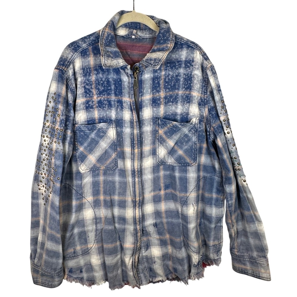 Free People Blue Plaid Deconstructed Shacket Studded Distress Zip Flannel Shirt